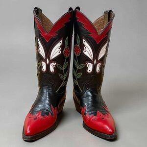 1990s Montana Butterfly Inlay Cowboy Boots — Women’s 7 B Vintage Cowgirl Boots
